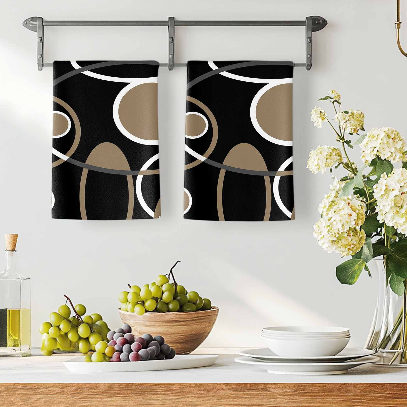 Dish Towels, Black Brown Circle Absorbent Kitchen Towels 2 PCS, Geometri Stripe Lines Abstract Art Microfiber Hand Towels Dish Cloths Tea Towels for Home&nbsp;Bathroom Cleaning Drying,18X28-Inch,