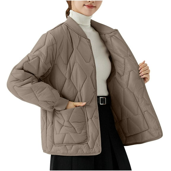 Womens Quilted Lightweight Jackets Button Causal Padded Jacket Fall Winter Warm Long Sleeve Coats Outwear with Pockets