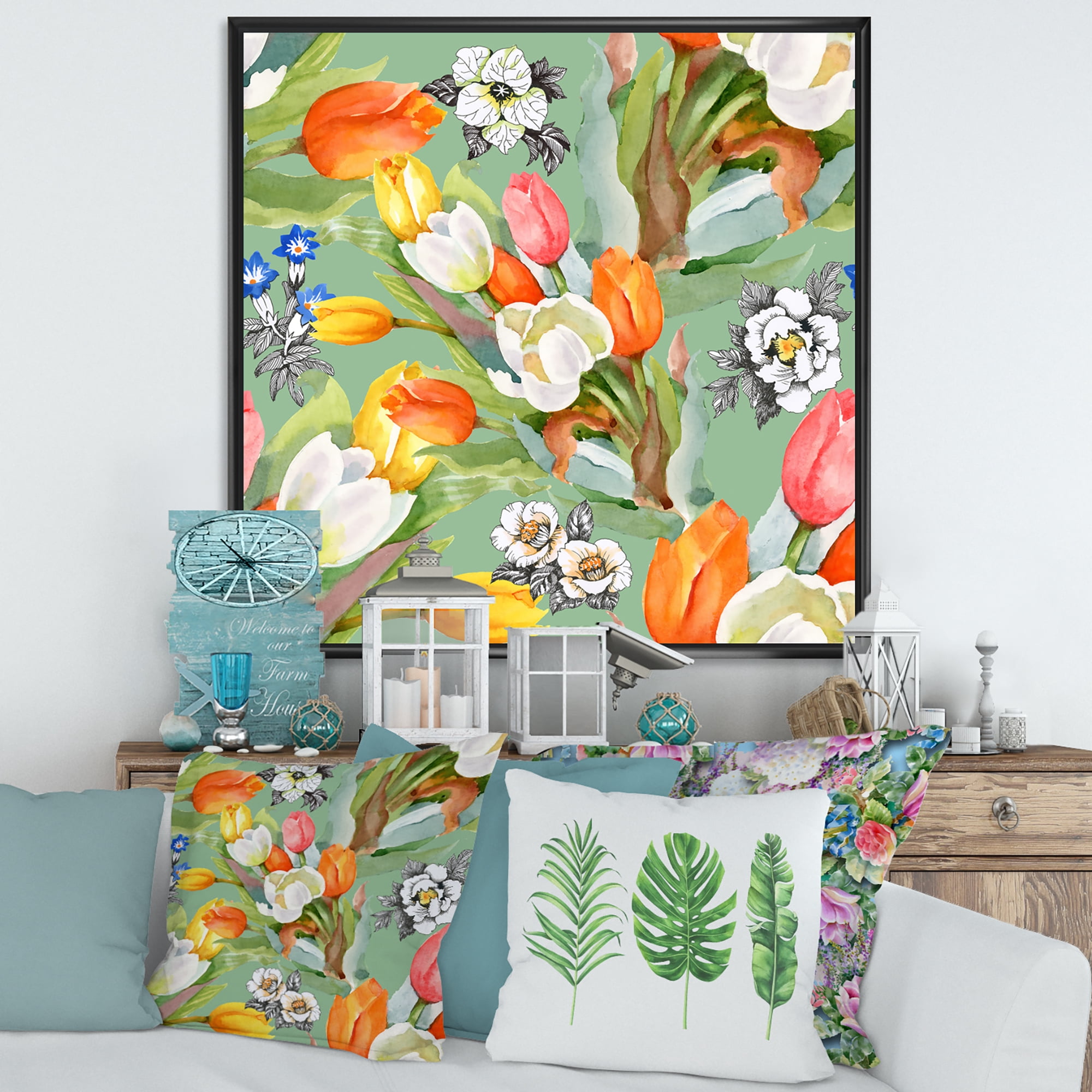 Designart 'Blooming Orange and White Tulips II' Traditional Framed Canvas Wall Art Print