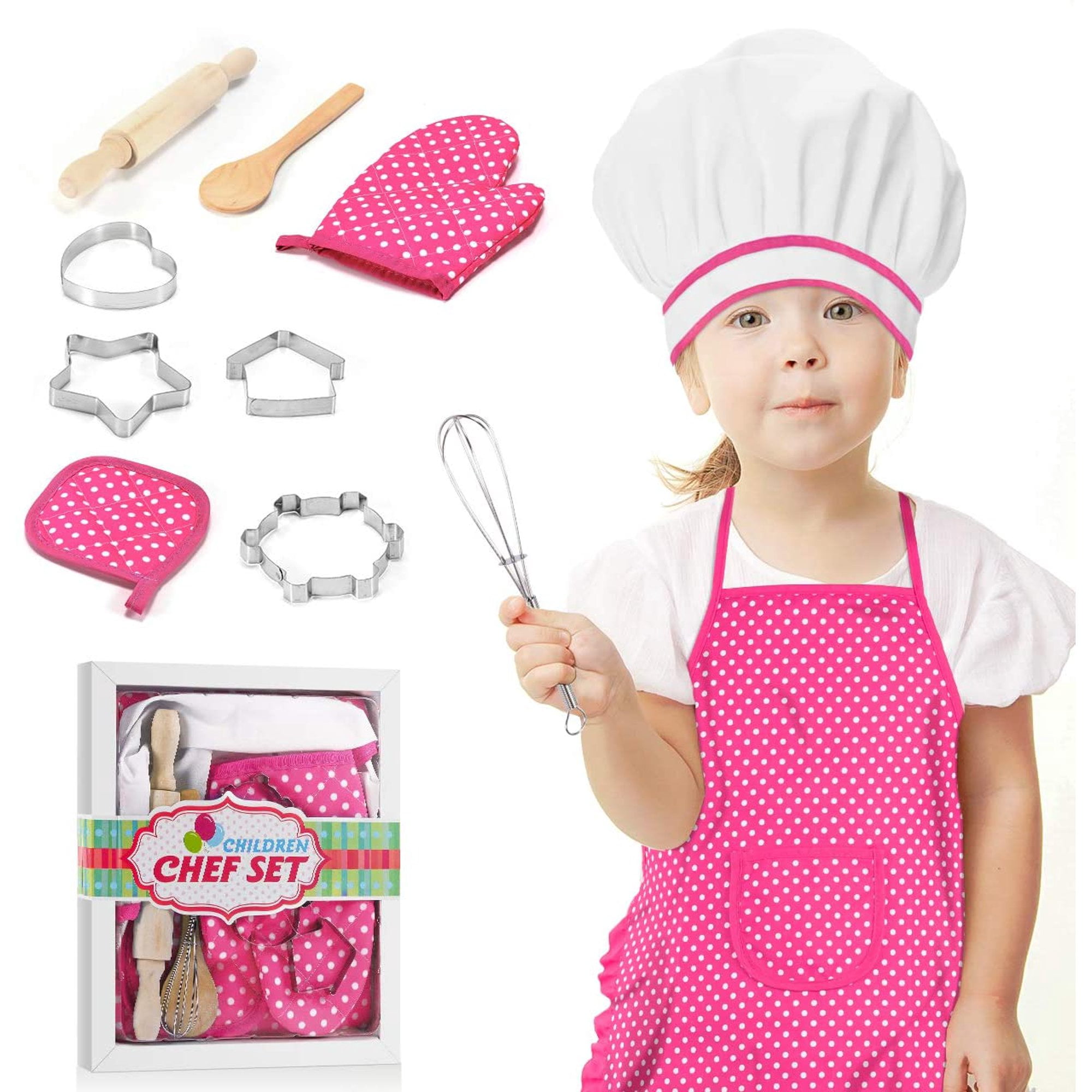 Chef Hat 11 PCS Cook Costume Cooking Play Set with Apron #2 DesignerBox Chef Set for Kids Cooking Mitt and Cookie Cutters for Boys Career Role Play Children Pretend Play Birthday Gift