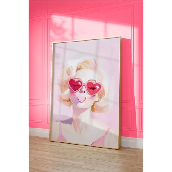 Marilyn Heart Glasses Print, Pink Bubble Gum Pop Art Home Decor UNFRAMED Poster, Wall Art for Decor, Present, 8x12