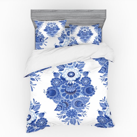 Floral Duvet Cover Set, Print of Cold Tone Flowers Vintage Mosaic Illustration on a Plain Background, Bedding Set with Shams and Fitted Sheet, 3 Sizes, by Ambesonne