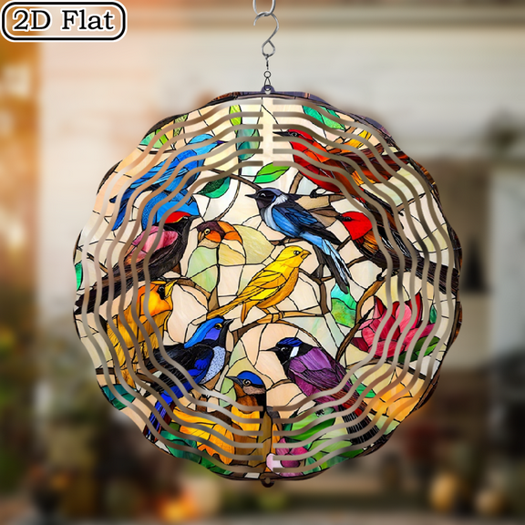 Colorful birds in 360 degree rotating wind outdoor decoration, vibrant metal garden art, no need for electricity, 3D festival decoration on terrace and courtyard, humorous tropical