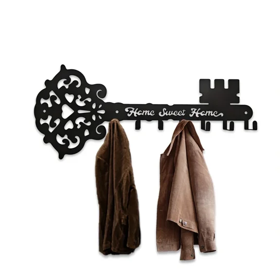 Wall Hanging Organizer Rack With 7 Hooks, Vintage Key Shape Key Rack, Wall Mounted Metal Key Holder for Kitchen Bathroom Bedroom