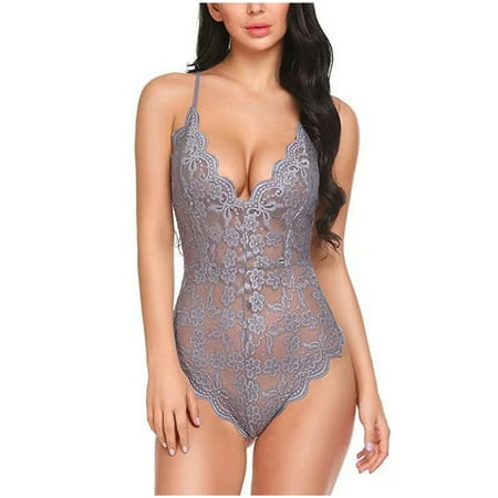 One Piece Lingerie for Women Deep V Teddy Sexy Lace Bodysuit Snap Crotch Babydoll Nightwear Nightgown