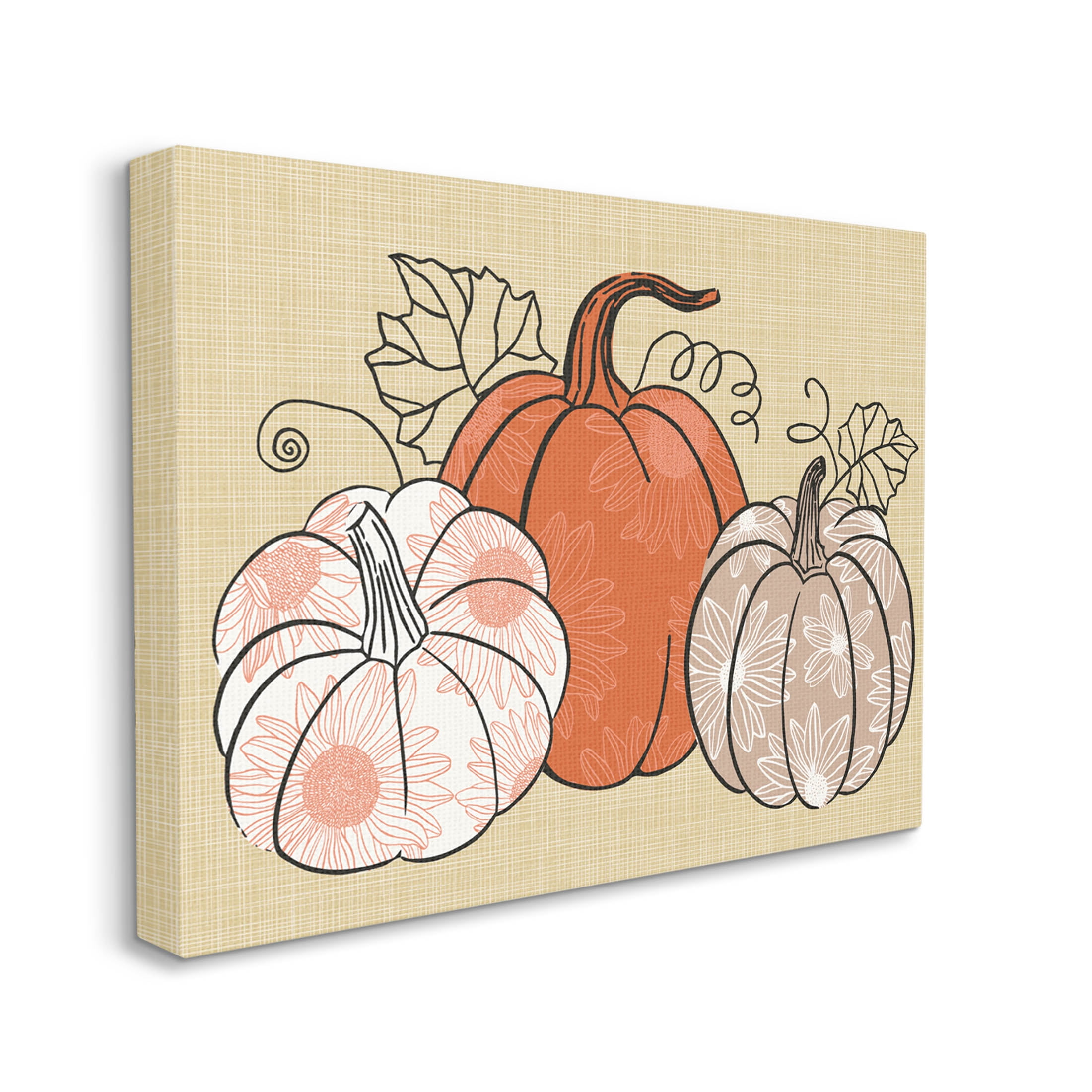 Autumnal Pumpkins Sunflower Pattern Holiday Graphic Art Gallery Wrapped Canvas Print Wall Art