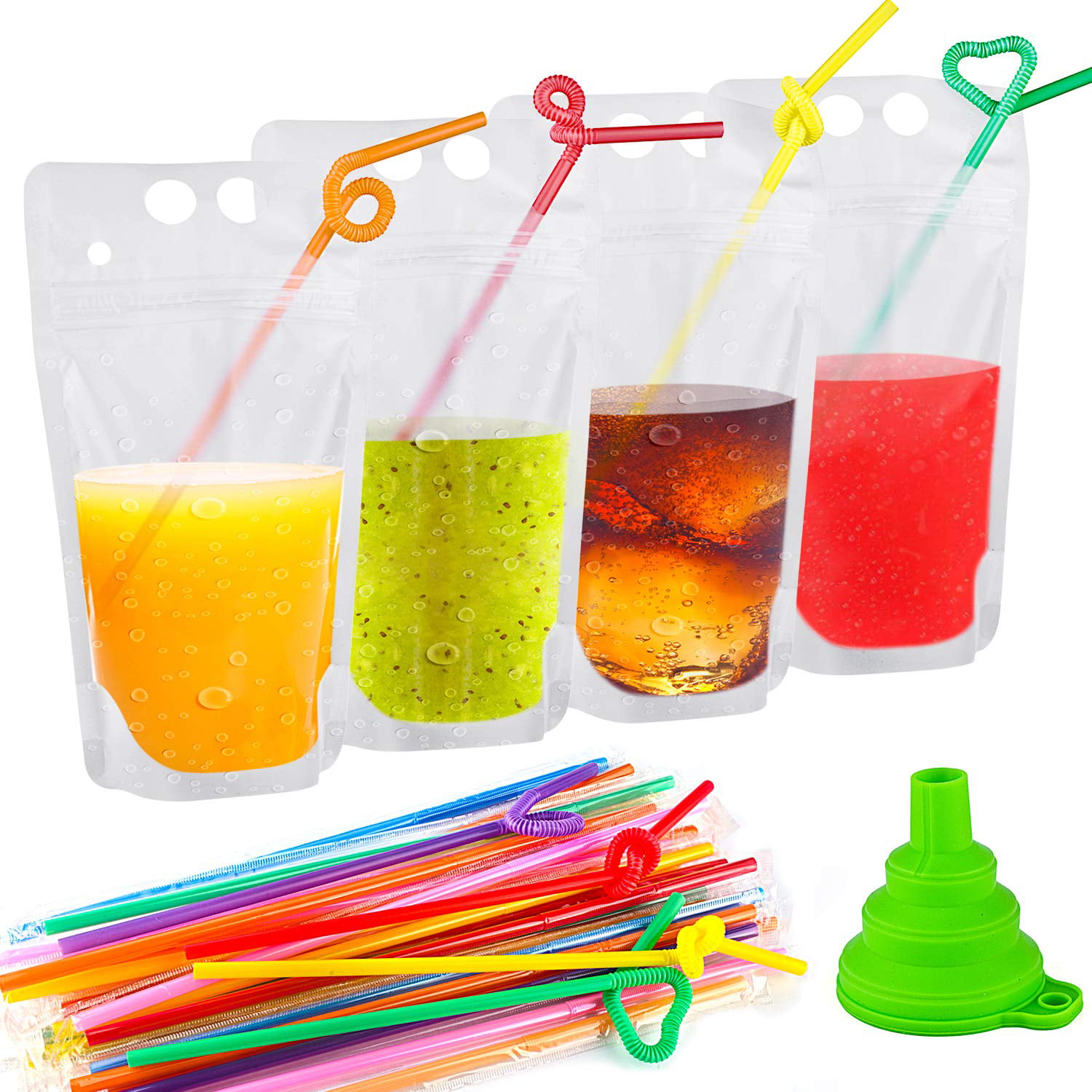Anti-Leaked Resealable Double Zipper Frosted Drink Pouches SXUUXB Drink Pouches 100 PCS A Funnel Included, 17OZ/500ML Disposable Stand-up Drink Bags With 100 PCS Individually Wrapped Plastic Straw 