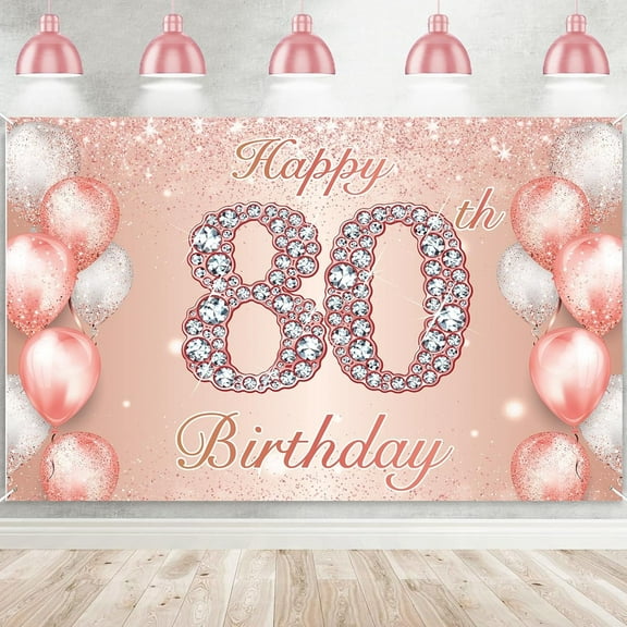 Happy 80th Birthday Rose Gold Banner Cheers to 80 Years Old Backdrop Confetti Balloons Theme Decor for Women 80 Years Old Pink Birthday Party Decorations