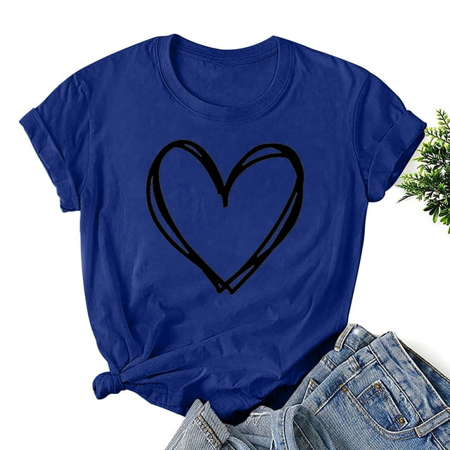 Styesk T-Shirts pour Femmes Confortables Doux Col Rond T-Shirts Chandail Mode Léger Manches Courtes T-shirt Saint-Valentin Graphique Décontracté Grande Taille Hauts Imprimé Cœur Hauts de Sortie