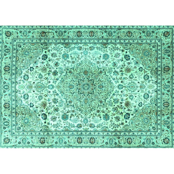 Ahgly Company Machine Washable Indoor Rectangle Medallion Turquoise Blue Traditional Area Rugs, 7' x 10'