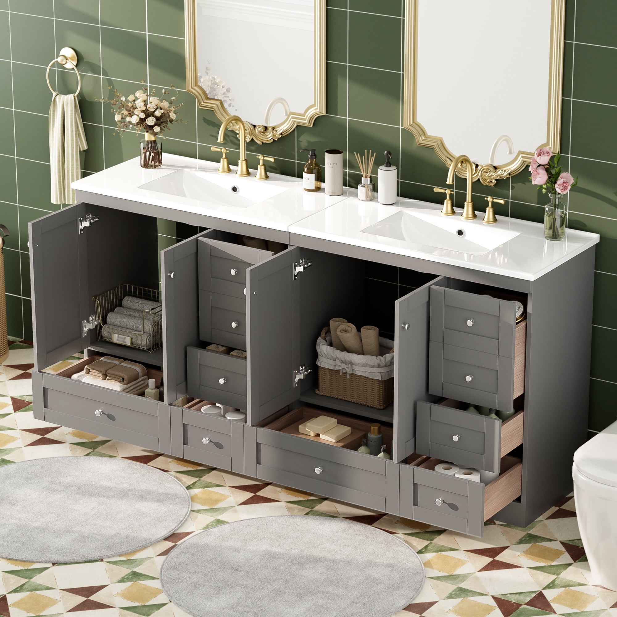 Euroco 72 inch Shaker Style Free-Standing Bathroom Vanity Cabinet with Ceramic Sink, Soft-close Drawers and Soft-close doors
