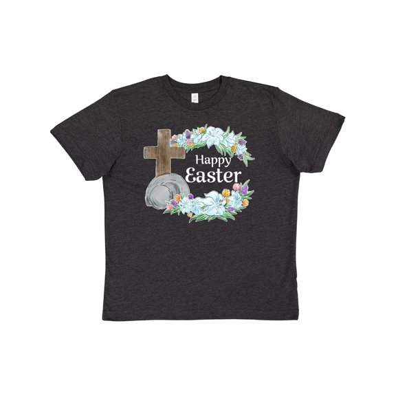 Inktastic Happy Easter with Cross and Flowers Youth T-Shirt