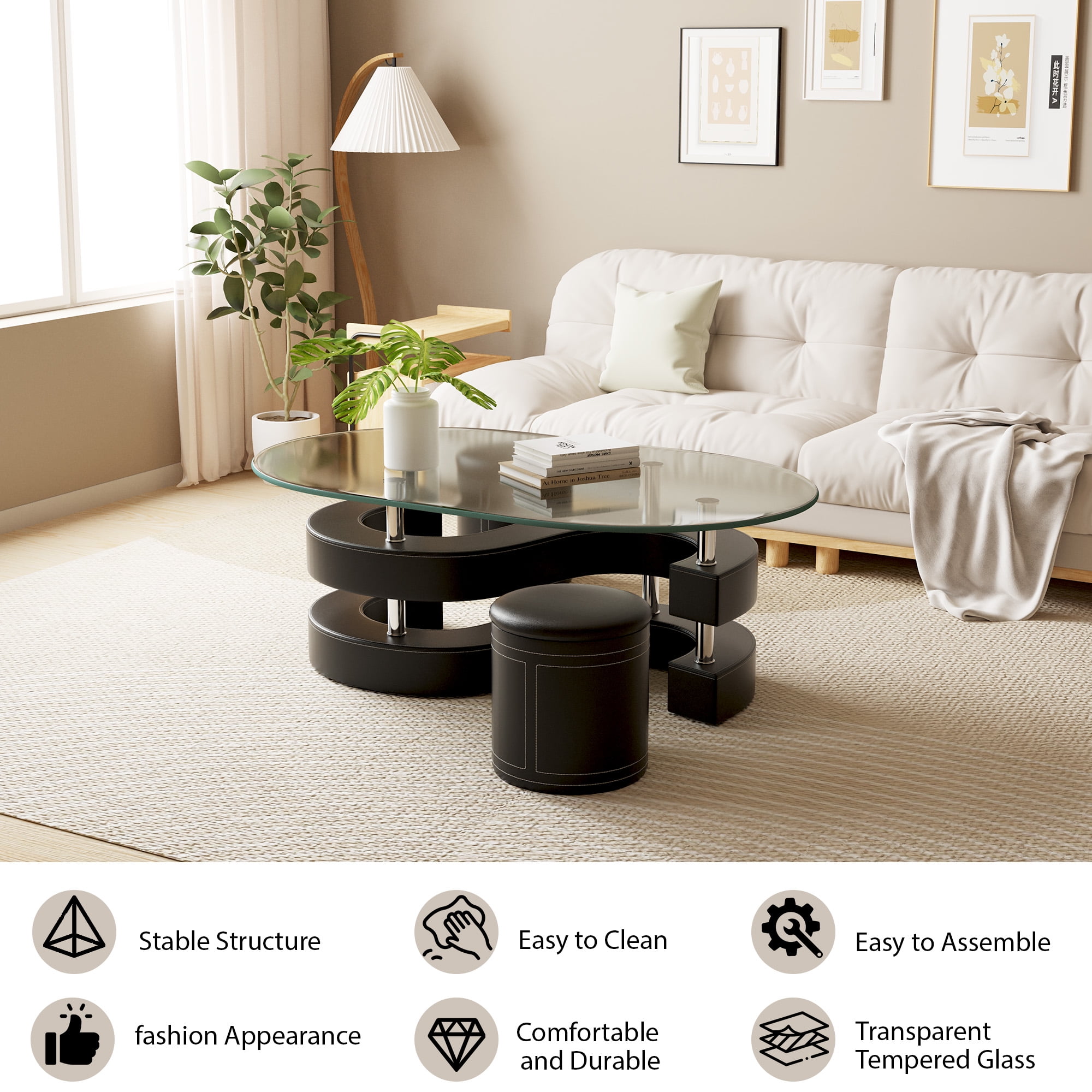 3 Pieces Coffee Table Set, 0.39" Tempered Glass Top and S Shape Base, Oval Modern Coffee Table with 2 Leather Stools, Accent Coffee Table for Living Room Bedroom