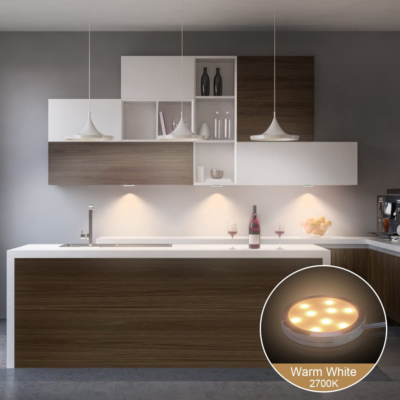 Linkable LED Puck Lights for Under Cabinet Lighting - 8 Pack of Dimmable 12V Warm White 2700K Lights, Plug-in/Hardwired with LED Driver, Compatible with Most Dimmer Switches