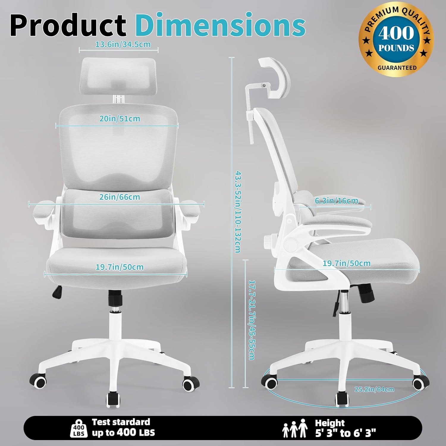 Ergonomic Office Chair,Mesh Office Chair with Lumbar Support,High Back Desk Chair with Flip-up Arms,401 lbs Big and Tall Computer Chair with Headrest,Comfy Desk Chairs (White-Gray)