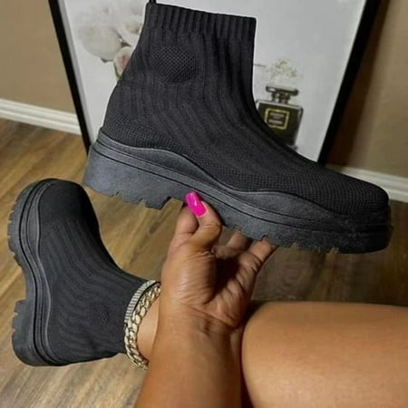 

JointlyCreating Autumn Winter Ankle Socks Shoes Women Thick-soled Casual Large Size Knitted Short Boots