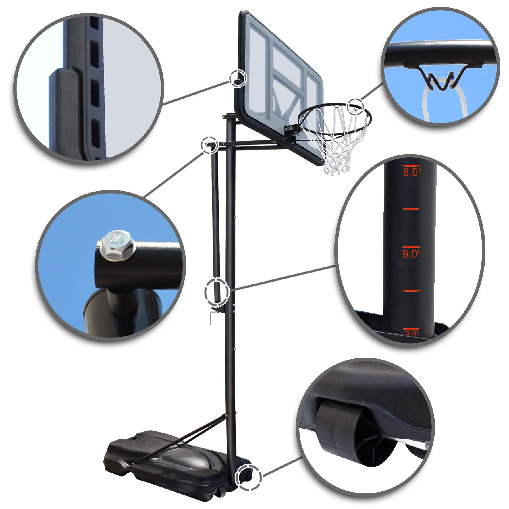 Sunny Portable Basketball Hoop & Goal Height Adjustable Basketball System Stand, with base & Wheels for Adult Youth Kids Indoor Outdoor Use