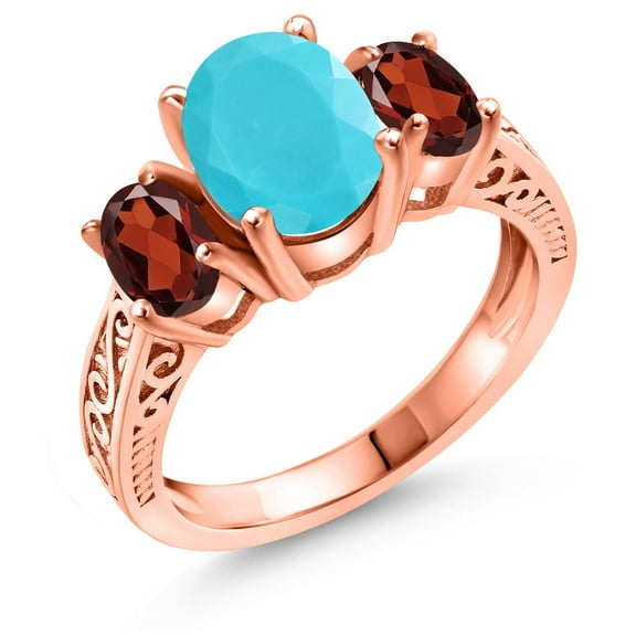 Gem Stone King 2.64 Ct Oval Green Turquoise Red Garnet 18K Rose Gold Plated Silver Ring (Size 8)