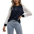 thumbnail image 1 of Blusa de encaje Mujer Mujer Manga larga Cuello redondo Casual Camiseta holgada Manga de encaje Top Azul marino M, 1 of 8