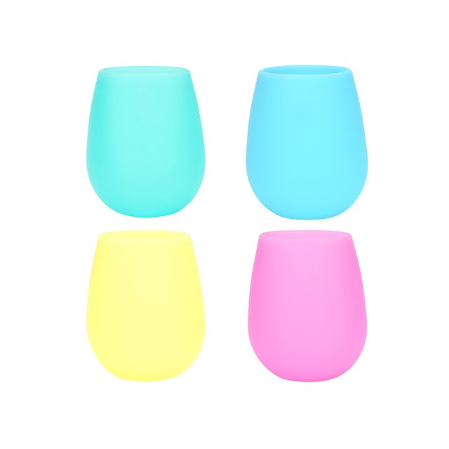 Paquete de 4 vasos de vino de silicona reutilizables e irrompibles para congelar, para fiestas y picnics, color azul, rosa, amarillo y verde
