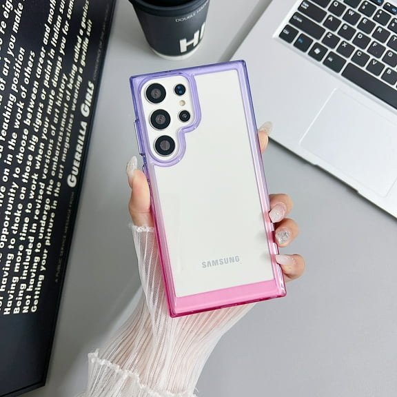 Gradient Color Shockproof Clear Phone Case TPU Compatible with Samsung Galaxy S24, Drop Protection Transparent Anti-Scratch Slim Thin Back Cover Colorful Frame Wireless Charging, Purple Rose