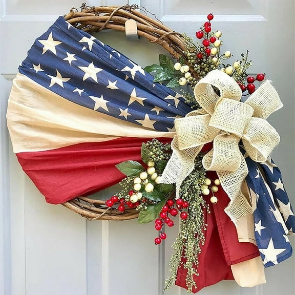 American Independence Day Wreath for Front Door,20" Memorial Day 4th of July Grapevine Patriotic Wreaths with Bows and Berries,Red White and Blue Flower Garland for Home Decor