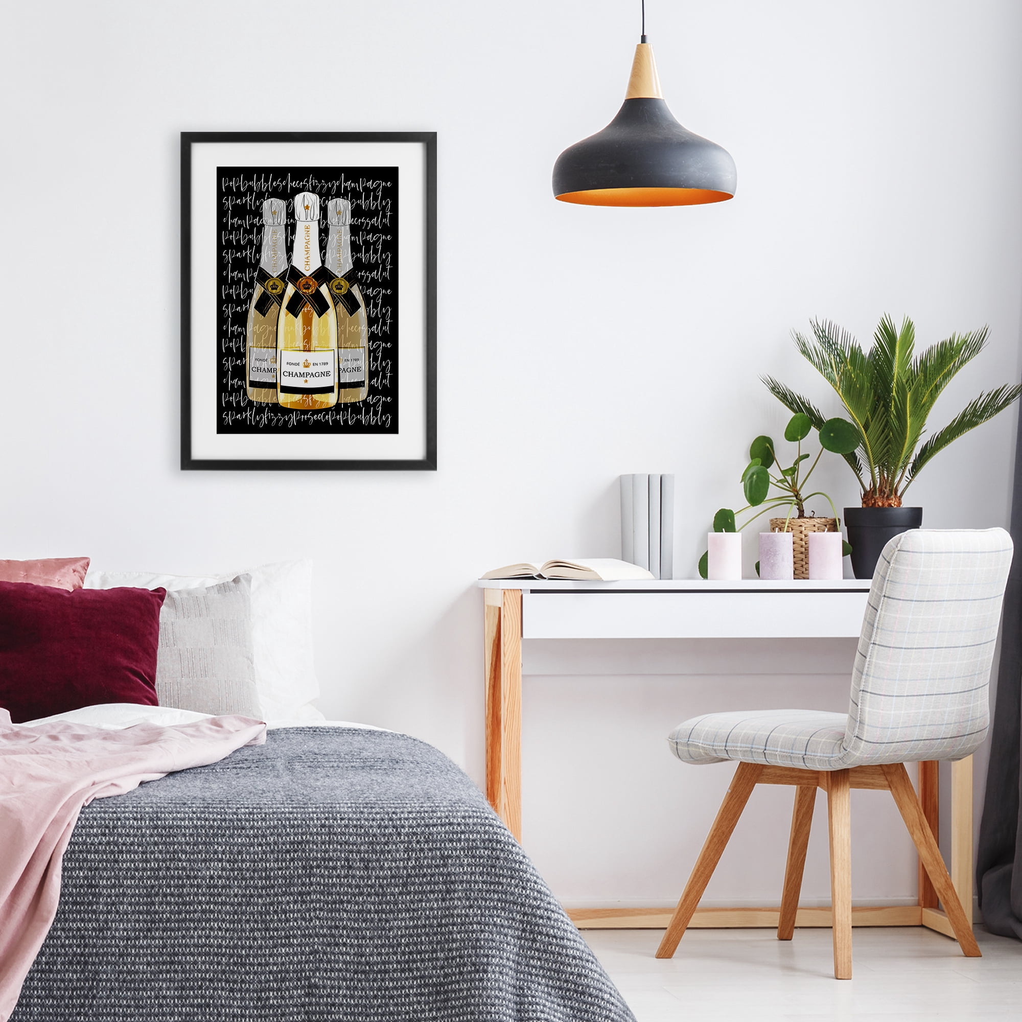 Stupell Industries Triple Champagne Bottle Love Black Framed Print Under Glass, design by Martina Pavlova