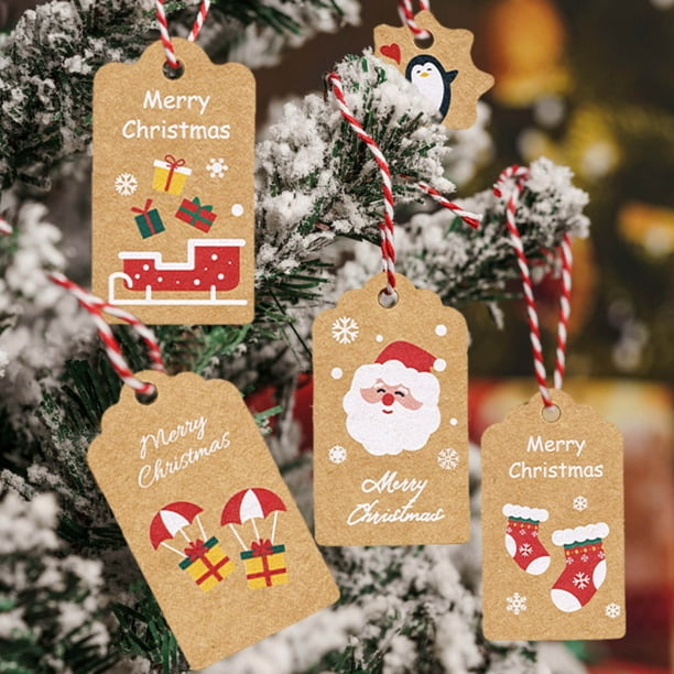 Etiquetas Navideñas de Papá Noel, Etiquetas con Nombre, Etiquetas de Papel Kraft para Colgar, Etiquetas de Papel Marrón con Cuerdas para Manualidades, Envolturas Navideñas, Regalos, Tarjetas de
