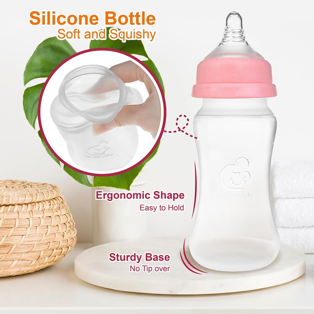 Nenesupply Silicone Baby Bottles Newborn Feeding Bottles 1-3 Months Slow Flow Breastfeeding Bottle for Breastfed Babies Wide Neck 8oz Anti Colic Level 2 Nipple for 1+ Month Infant W with Spectra Part