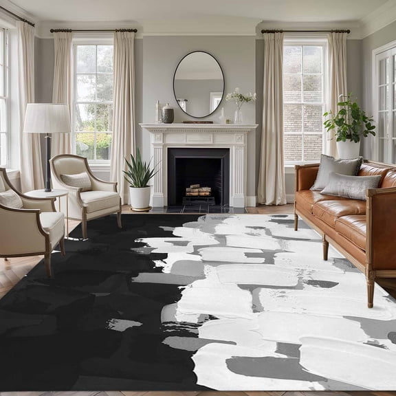 Area Rug for Living Room, Black White Non-Slip Indoor Large Carpet for Bedroom/Dining Room, Abstract Graffiti Paint Country Retro Tribal Washable Low-Profile Rectangle Floor Runner Rugs - 5 x 8 Ft
