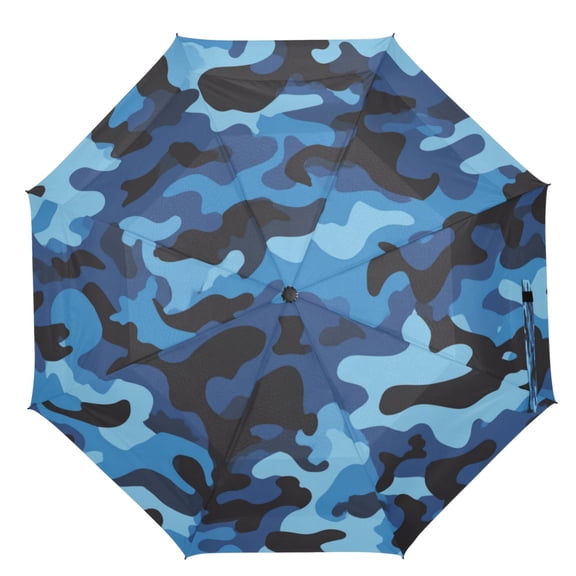 21" Inch Auto Open Close Folding Umbrella Windproof Waterproof Full Print 8-Rib Compact Travel Umbrella for Rainy Days Blue Army Camouflage