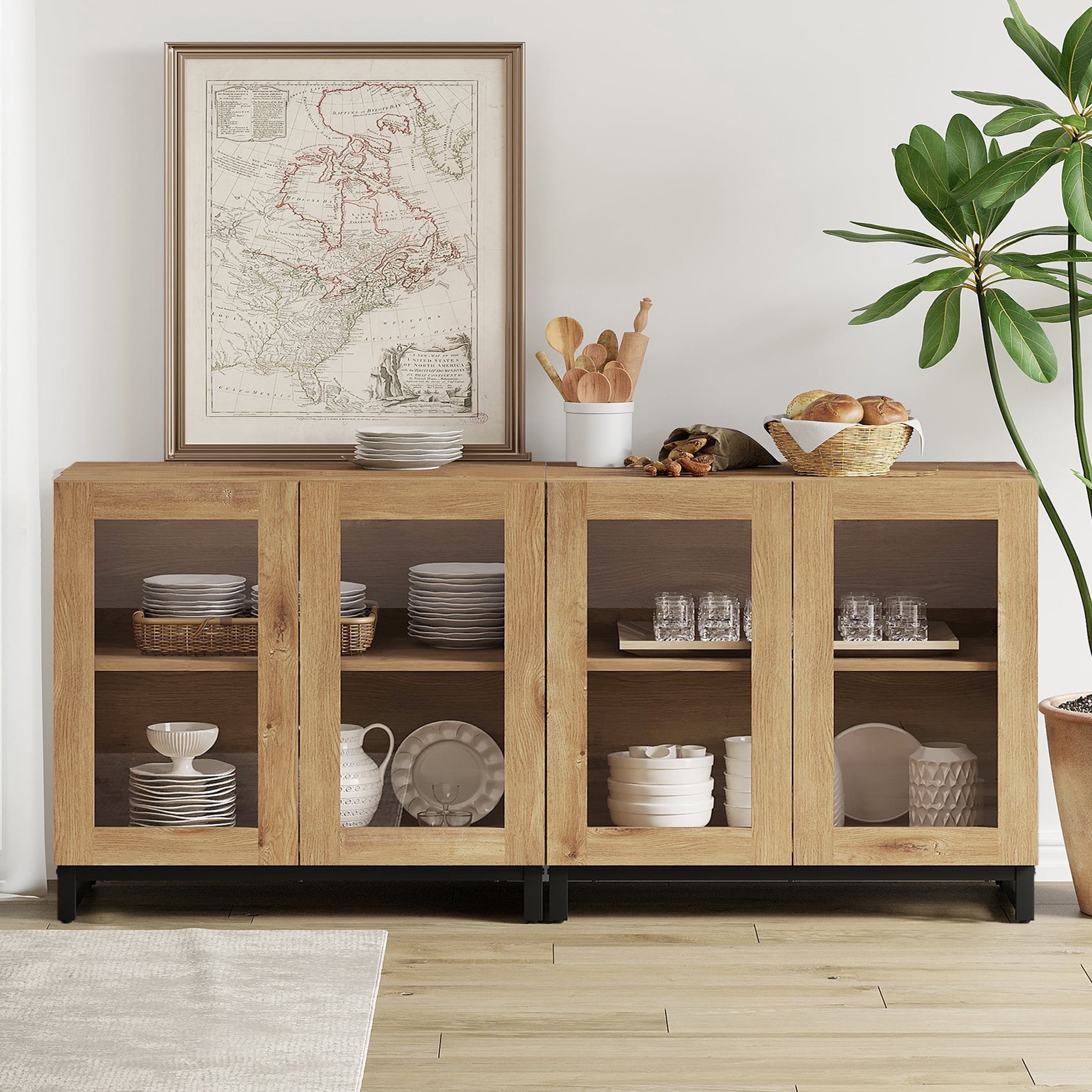 2 in 1 Sideboard Buffet with 4 Glass Doors & Adjustable Shelf, Modern Wood Grain Storage for Living Room, Kitchen,Oak