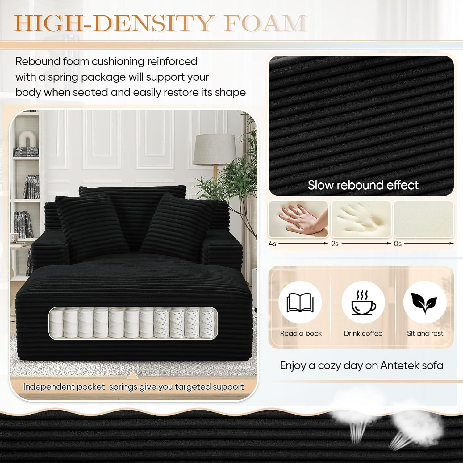 AENKYO 50" Chaise Lounge Sofa Bed with 3 Pillows, Convertible Sleeper Couch for Living Room, Bedroom & Small Spaces - Corduroy Upholstered Deep Seat Comfy Furniture - Black