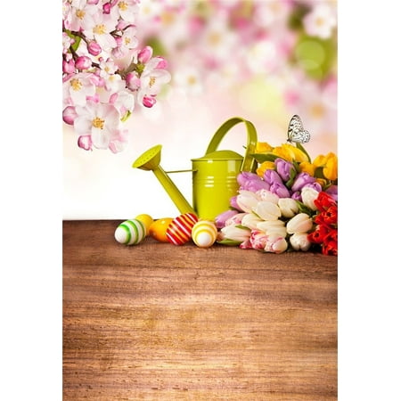 Green Egg Festival MOHome Polyster Backdrop 5x7ft Photography Background Peach Blossom Flowers Tulip Green Teapot Color Eggs Easter Festival Party Scene Wood Floor Background Photo Studio Props ()
