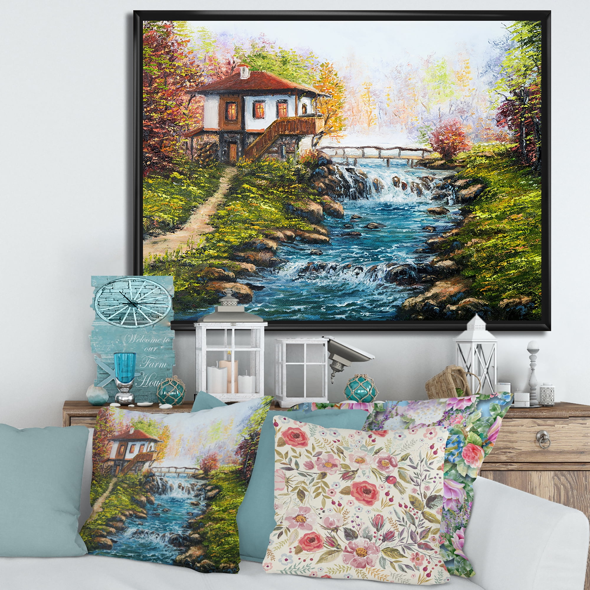 Traditional Bulgarian River and House 32 in x 16 in Framed Painting Canvas Art Print, by Designart