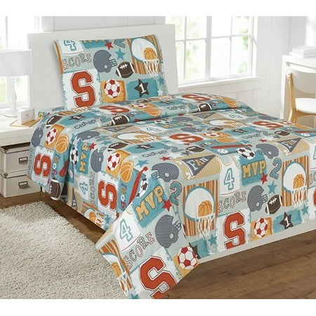 - 3pc SPORT CHAMP #2 Kids Microfiber Twin Size Bedding Bed Set 1 Flat, 1 Fitted Sheet, and 1 Pillowcase
