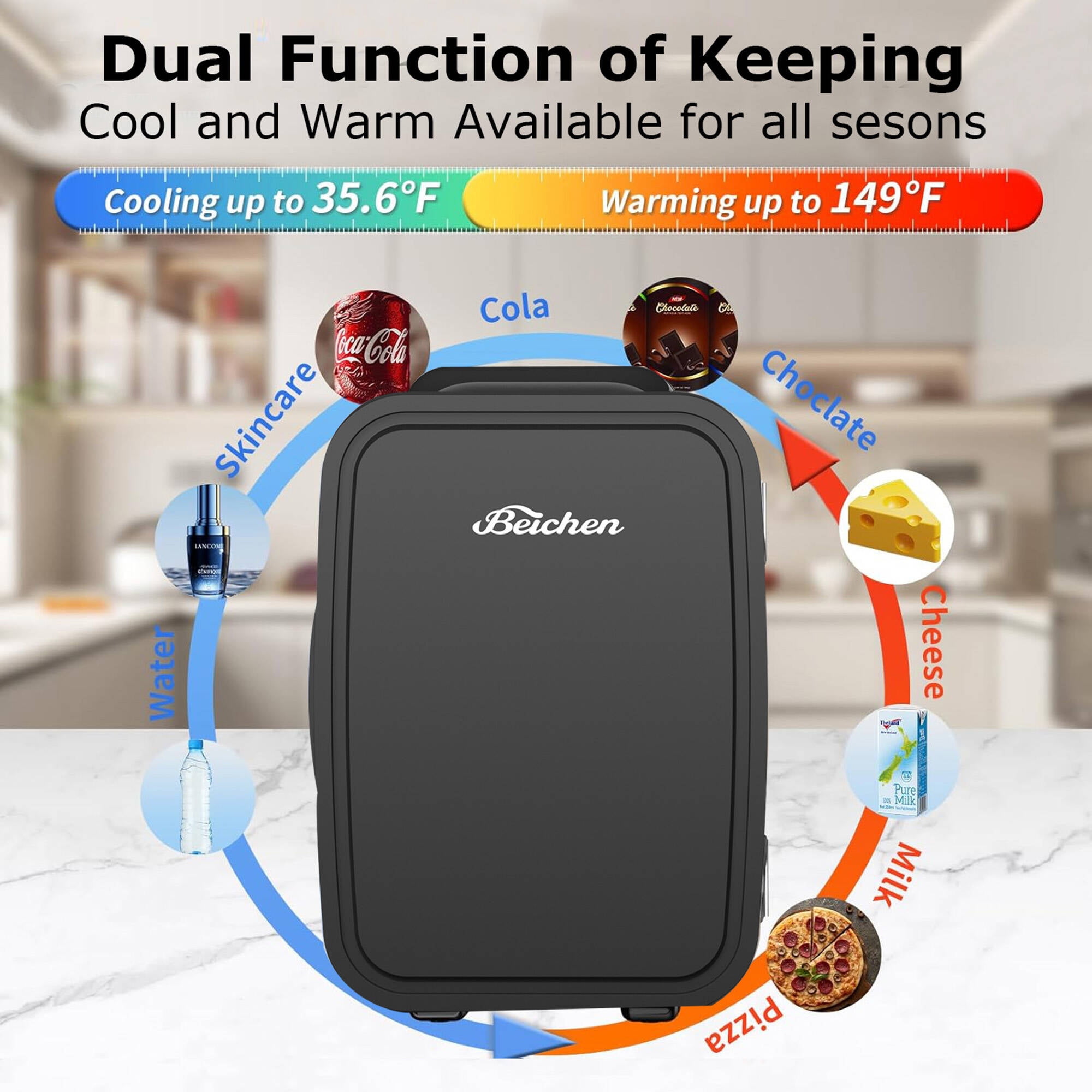 BEICHEN Mini Fridge, 4L/6 Can Small Refrigerator for Bedroom, Car, Office & Dorm,110V AC/ 12V DC Thermoelectric Cooler and Warmer for Cosmetics, Beverage and Food, Black