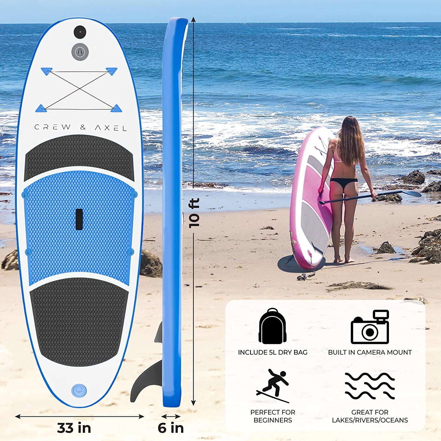 Crew Axel Inflatable Paddle Board 10’33’6” (18lb) SUP Kit Includes Paddle Pump Bag & More Blue