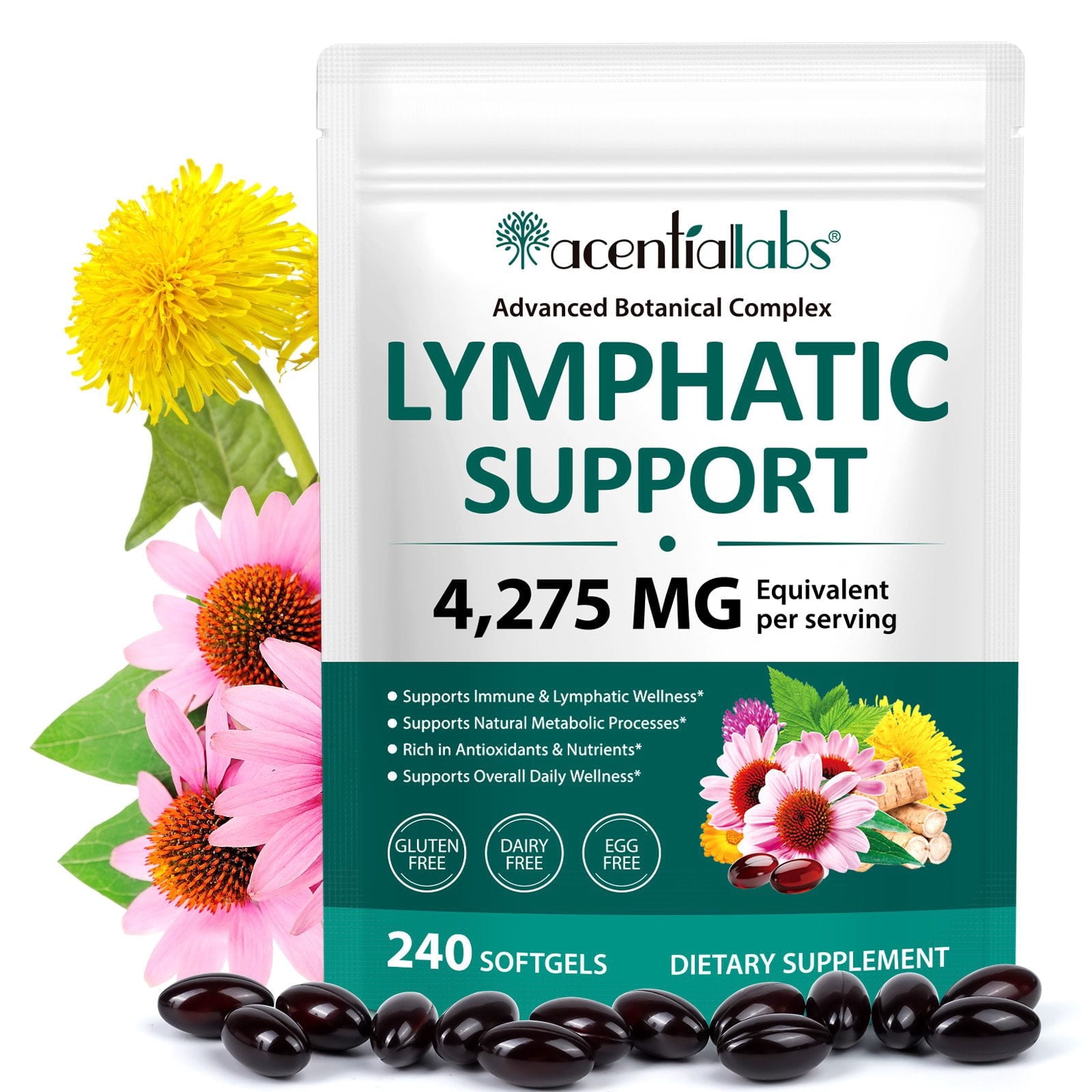 Lymphatic Drainage Supplements, Lymph System Support Supplement for Women & Men, Supports Overall Daily Wellness, 240 Softgels