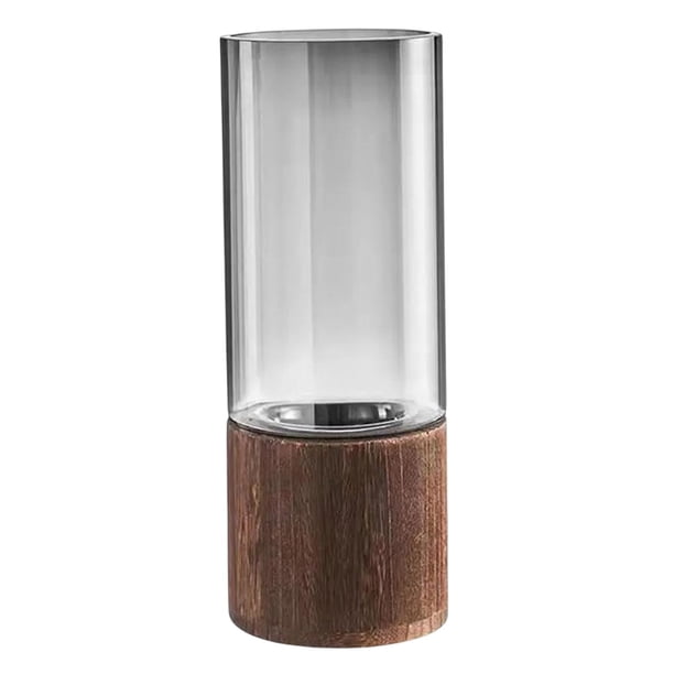 Jarrón de flores, jarrón de cristal con base de madera, jarrones altos para flores, cilíndricos. L