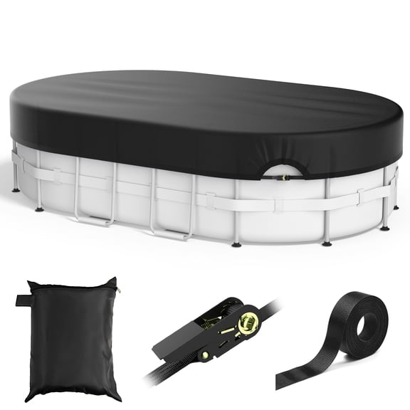 COSYUMI Oval Pool Cover for Above Ground Pools, 12 x 18FT Swimming Pool Cover with Reflective Strip, Winch and Cable, 420D Oxford Solar Covers, One-Piece Tear Resistant, UV Resistant Dustproof, Black