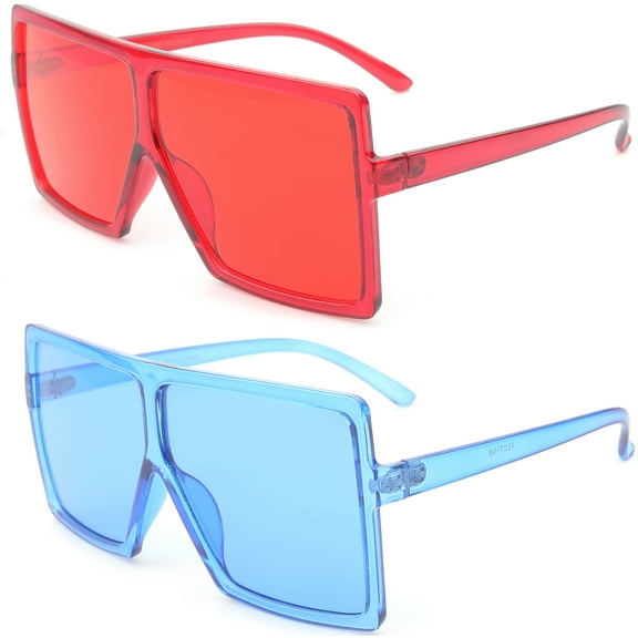 2 Packs Newbee Fashion Square Vintage Oversized Large Frame Fashion Sunglasses for Women, Men, Junior Teen, Rectangle Flat Top Composite Frame, Big Wind Shield Lens, UV 400, Red & Blue
