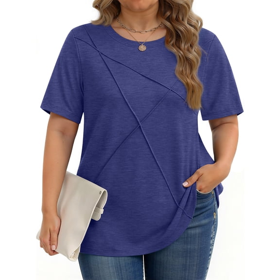 Fantaslook Women Plus Size Tops Pleated Crewneck Short Sleeve Shirts Casual Summer Tops
