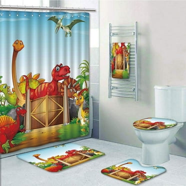 PRTAU Kids Cartoon Cute Dinosaurs in a Dino Park Jungle Trees Wildlife Habitat 5 Piece Bathroom Set Shower Curtain Bath Towel Bath Rug Contour Mat and Toilet Lid Cover