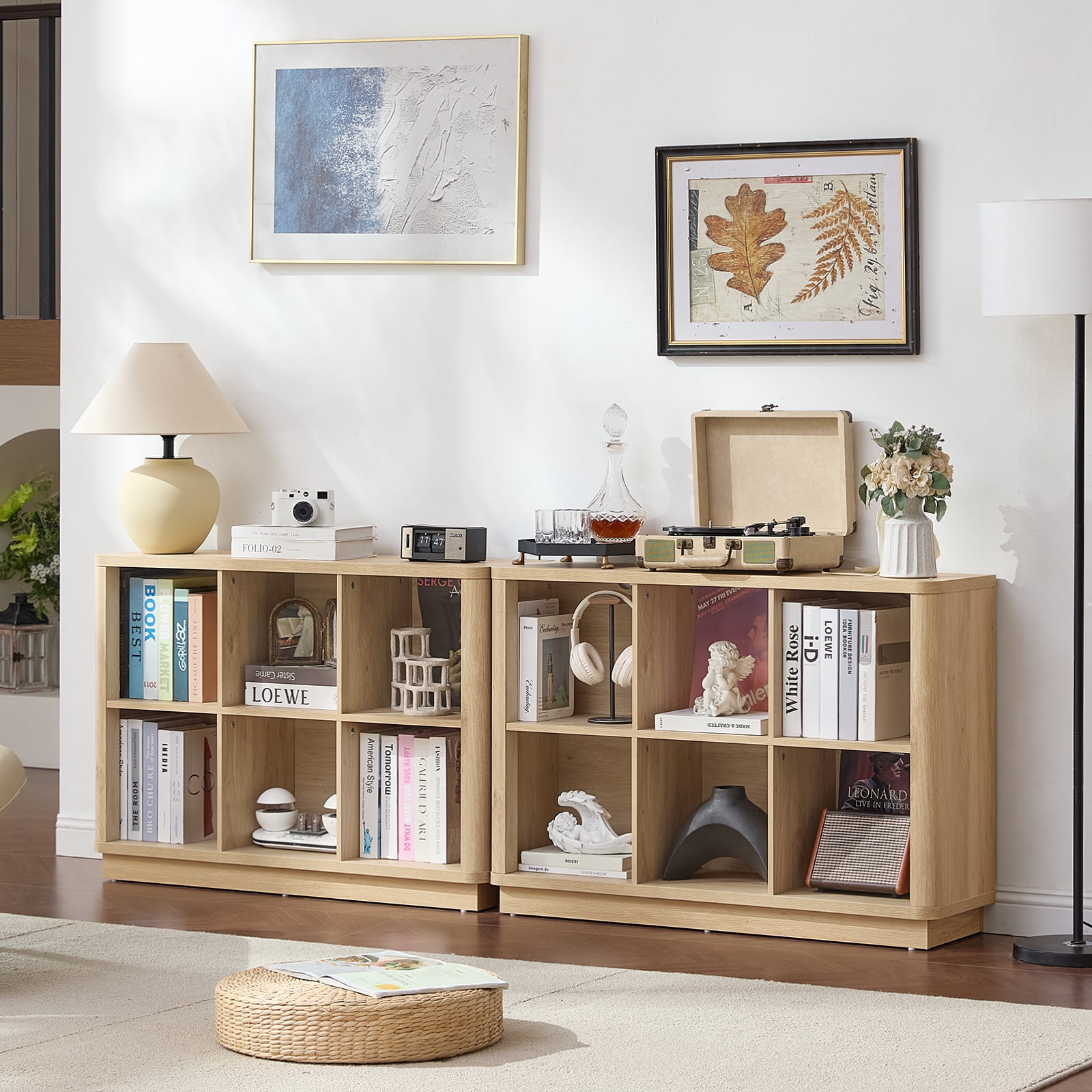 6 Cube Storage Book Shelf, 40.5" Wide Wood Cube Storage Organizer, Wooden 2 Tiers Floor Standing Low Bookcase for Living Room, Home Office, Kids Room