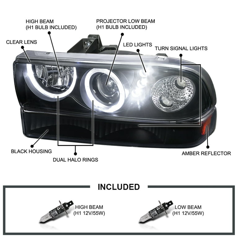 Spec-D Tuning S10 Blazer Black Dual Halo Projector SMD LED Headlights +  Bumper Lights Lamps Compatible with 1998-2004 Chevy Left + Right Pair