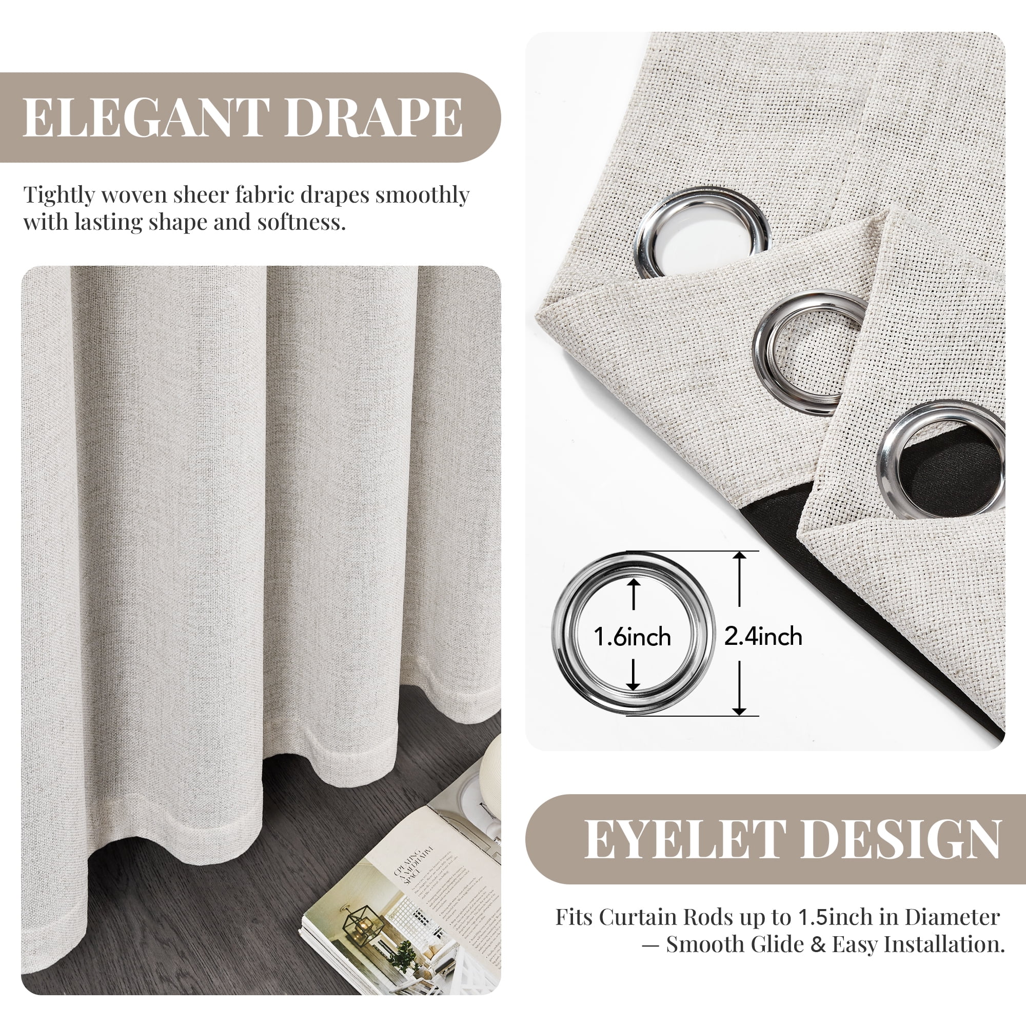 ZOPZO 100% Blackout Curtains, Natural Linen, 52W x 84L Inch, Thermal Insulated Grommet Drapes, Noise Reducing Panels for Bedroom, 2 Panels