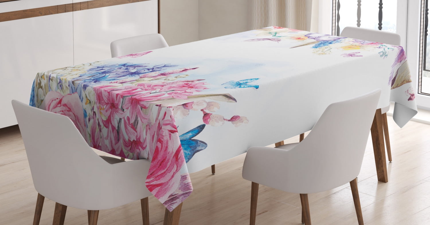 Shabby Chic Tablecloth, Romantic Garden Roses Flowers Daisies Leaves