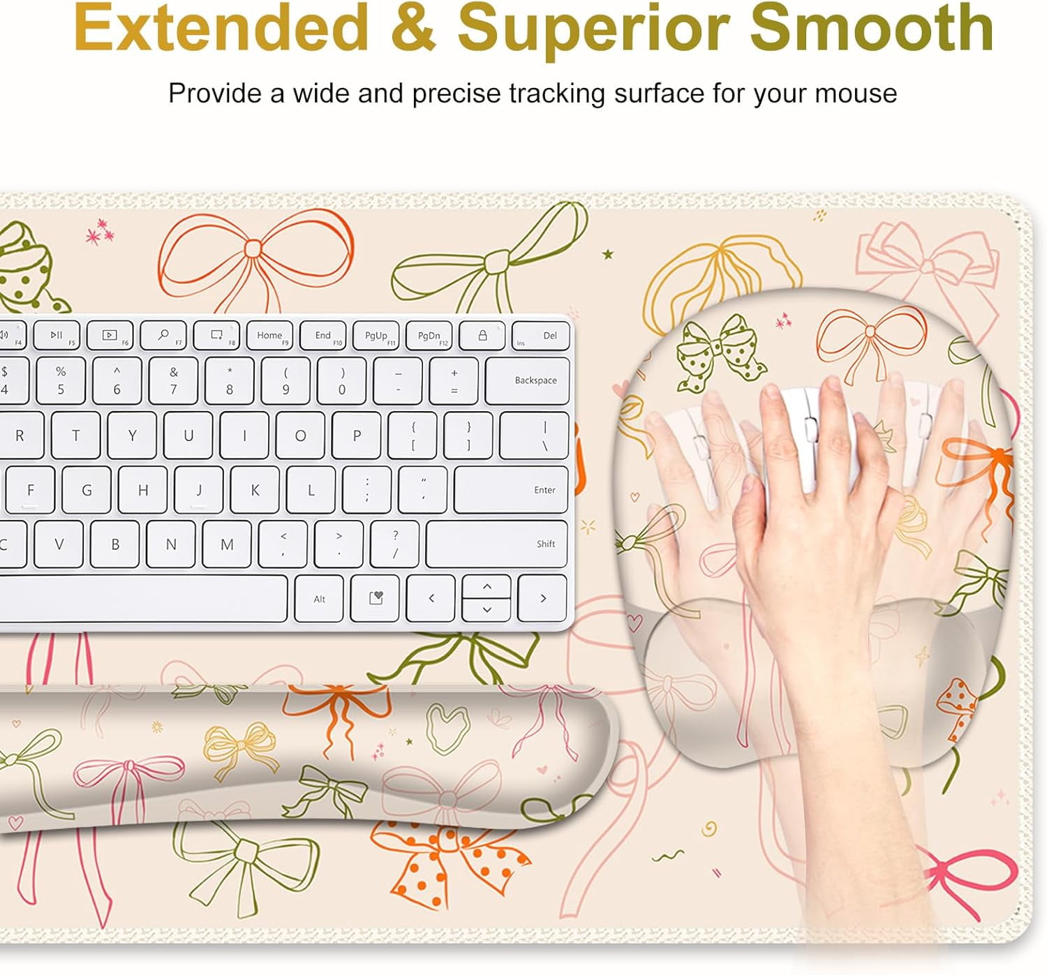 Apricot Mouse Pad with Wrist Support 4 in1 Set, XXL Big Game Mousepad + Keyboard Wrist Rest + Mouse Wrist Rest Pad +Coaster Gaming Mat for Home Office Work Computer I Colorful Cute Girl's Bow