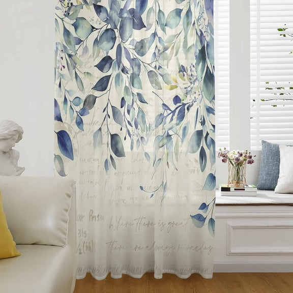 Blue Teal Eucalyptus Leaves Semi Sheer Curtains Drapes for Living Room,Bedroom,French Doors Window 72 Inches Long,Watercolor Vintage Botanical Rod Pocket Chiffon Curtain Drapery Voile Drape Panel